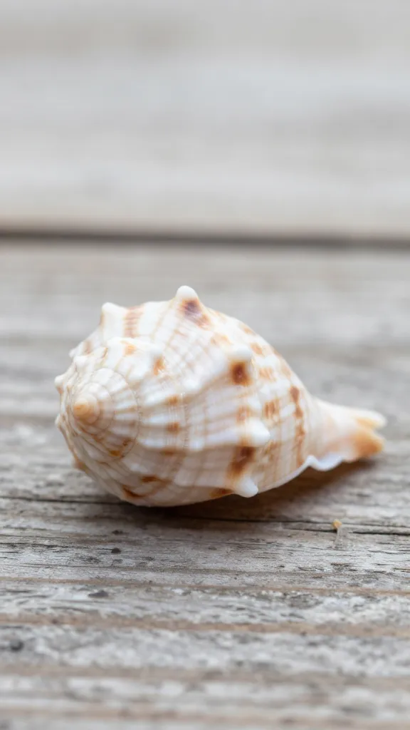 isolated conch on weathered wood surface, shallow depth of field