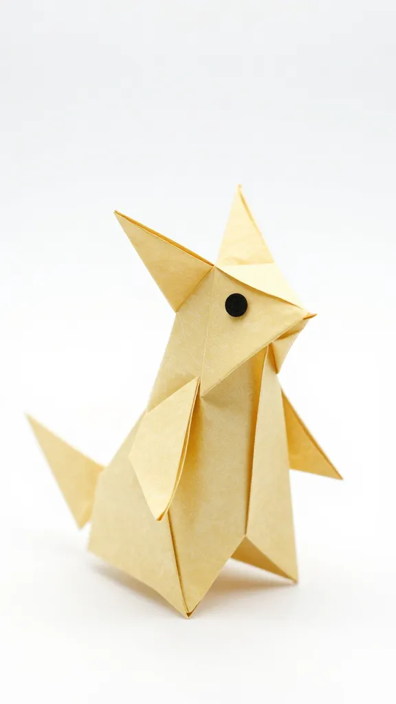 closeup of a whimsical paper origami creature on white backdrop