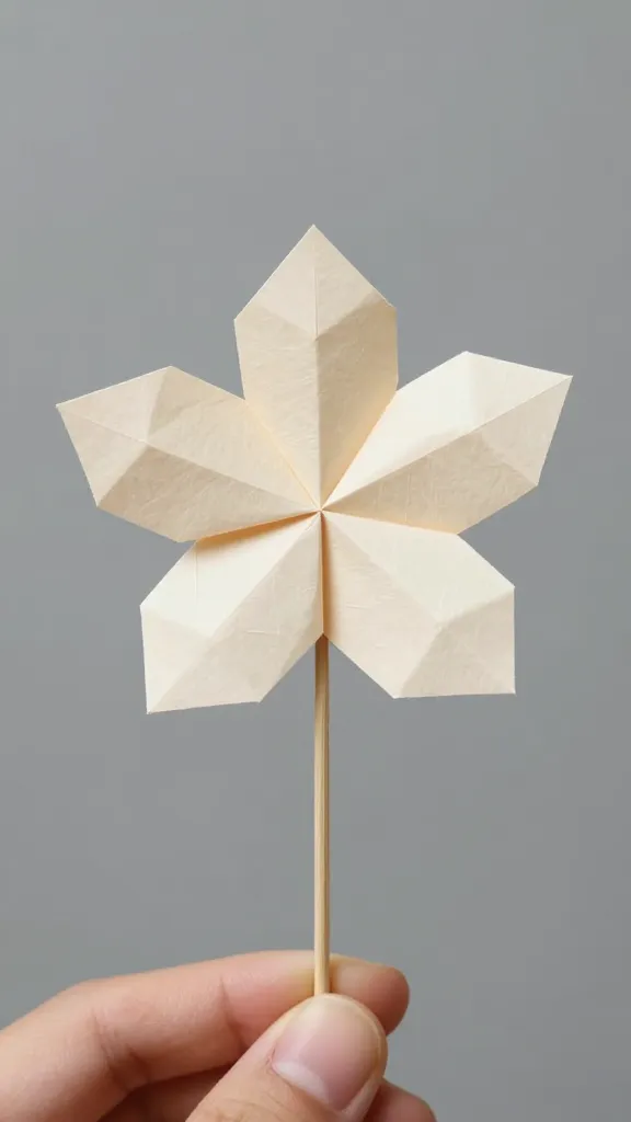 closeup of folded scrap paper flower held in hand against gray background