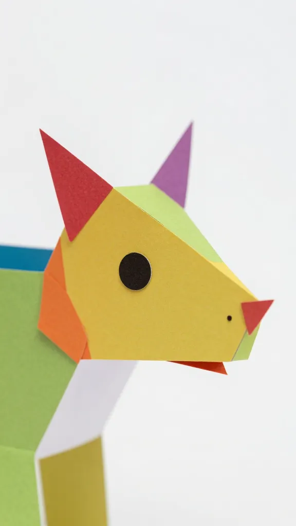 closeup of a single colorful paper animal head on plain white surface