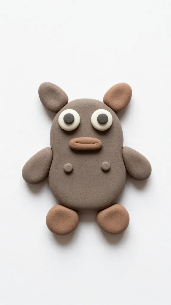 Closeup of a single whimsical air-dry clay creature on a plain white surface