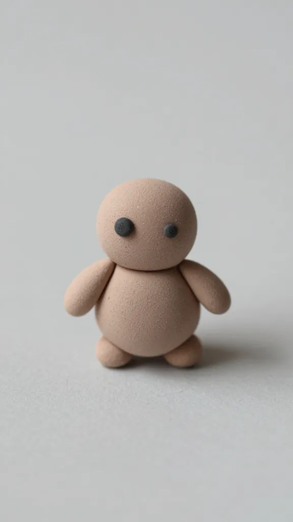 Closeup of one tiny glitter-dusted air-dry clay character on neutral background