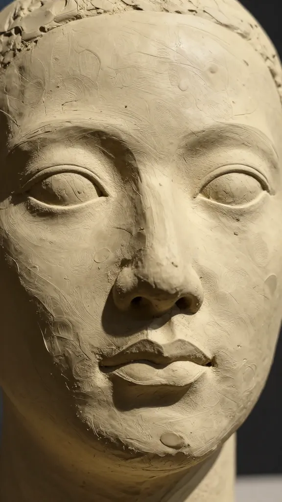 closeup sunlit clay sculpture head with textured fingerprints
