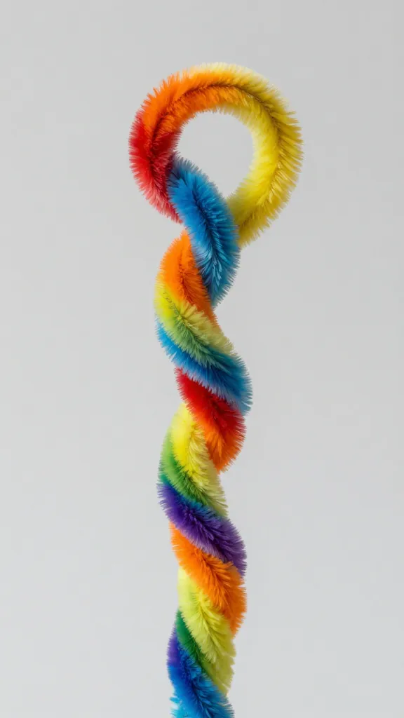 Closeup of a single rainbow-colored pipe cleaner twisted into a spiral