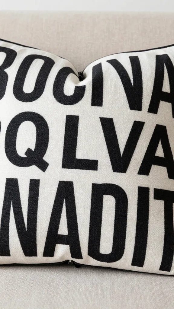 Close-up of a bold-textile pillow cover with visible zipper on neutral sofa