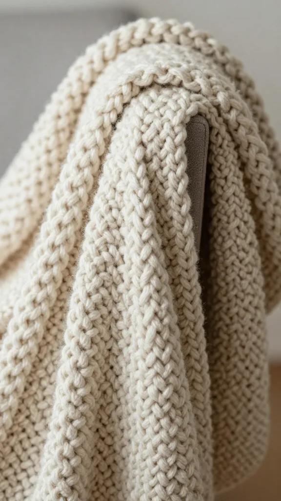 Macro shot of chunky knitted blanket draped over a chair edge