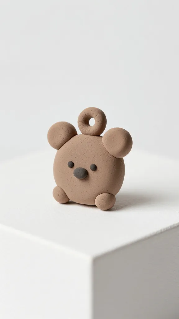 Closeup of a single air-dry clay charm on a white pedestal