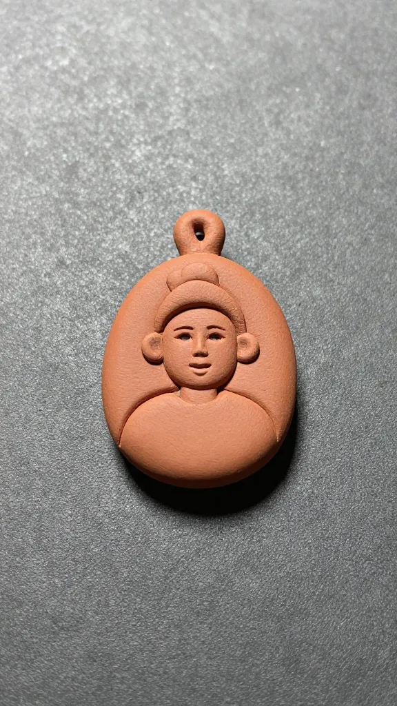 Closeup of a solitary clay pendant resting on textured surface