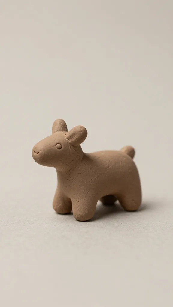Closeup of one tiny clay animal sculpture against neutral backdrop