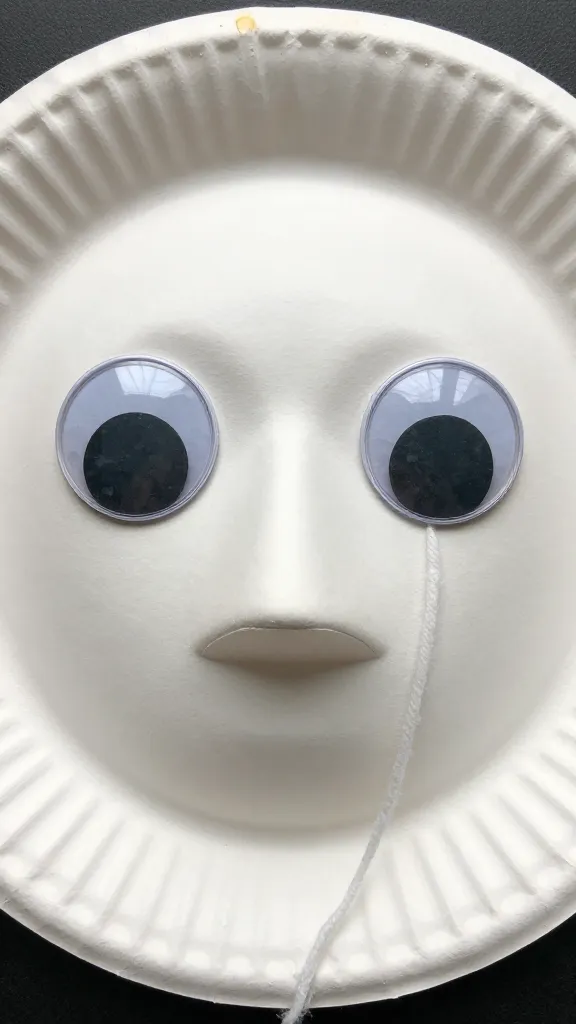 closeup of a paper plate mask with googly eyes and yarn strands