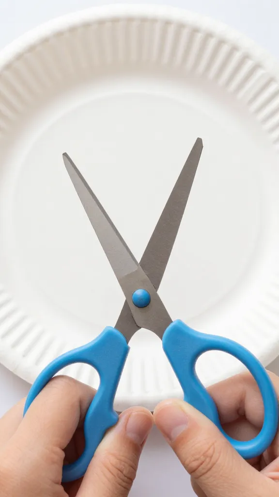 closeup of a child-safe pair of scissors cutting a paper plate