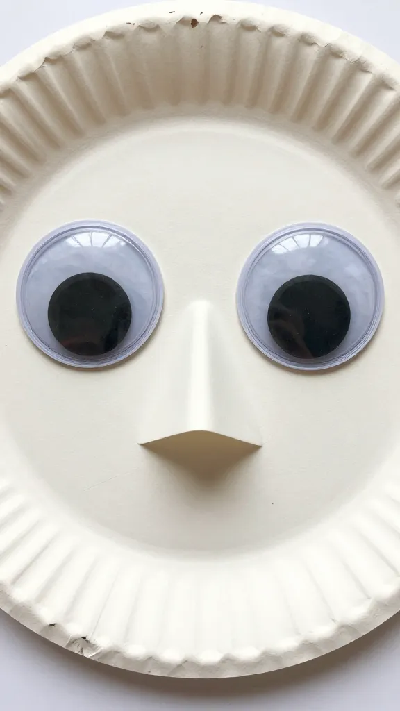 closeup of googly eyes glued onto a painted paper plate mask
