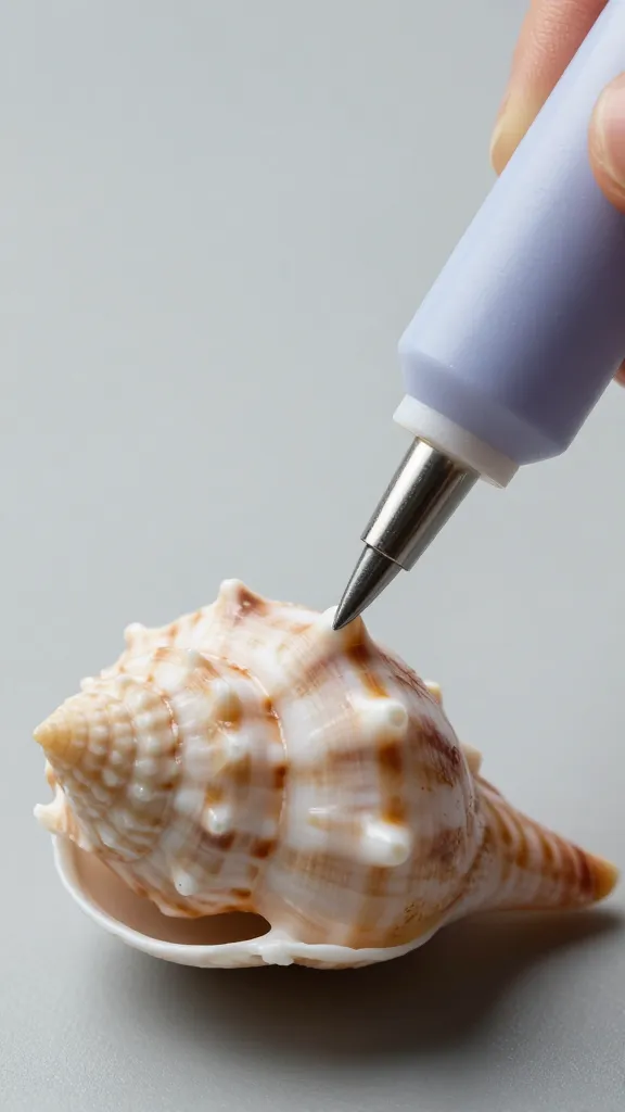 Closeup of a single seashell gluing being applied with hot glue