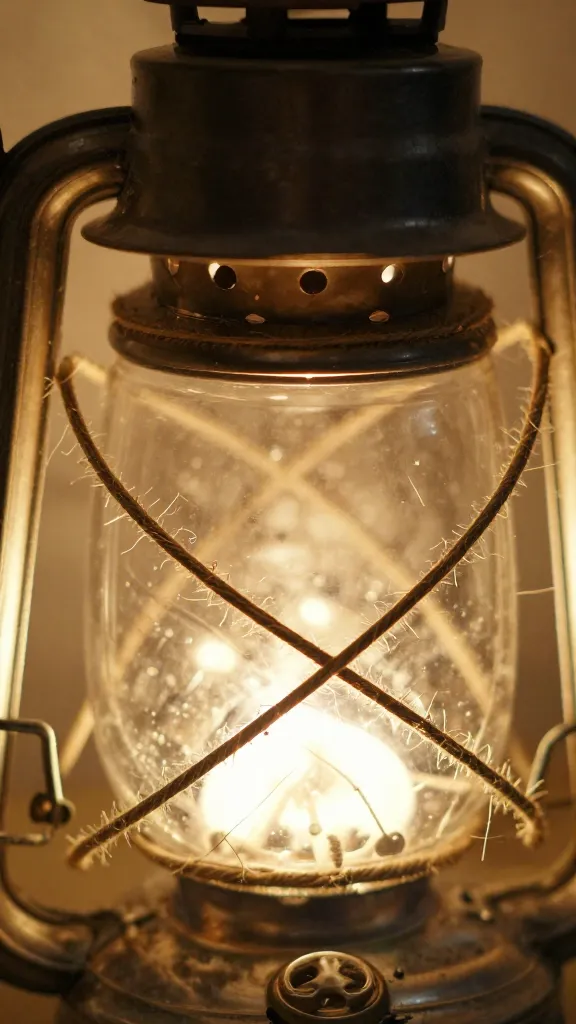 Closeup of twine-wrapped glass jar lantern with warm glow