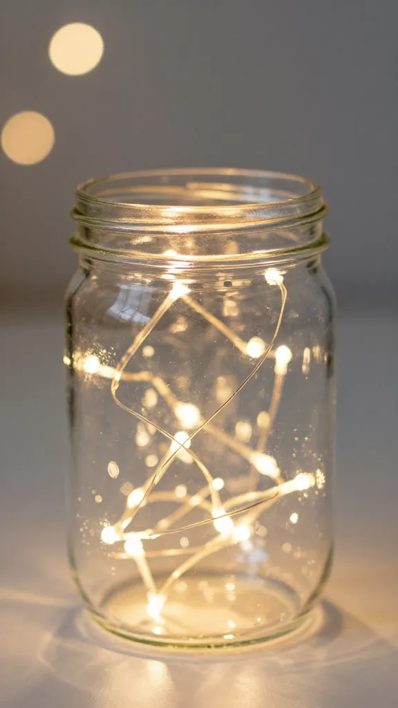 Closeup of a single jar filled with fairy lights, soft bokeh background