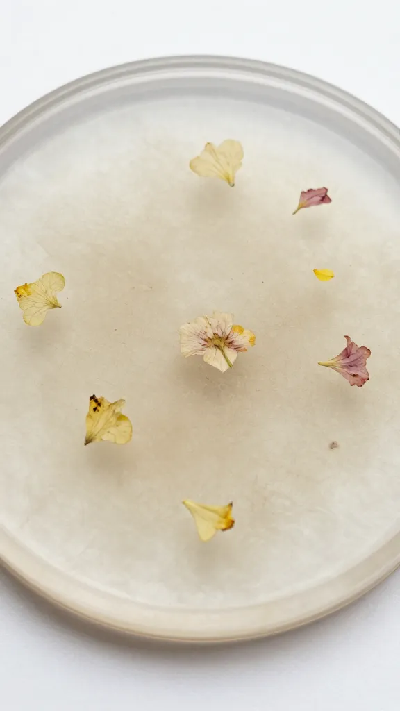 Close-up resin coaster with tiny pressed petals embedded