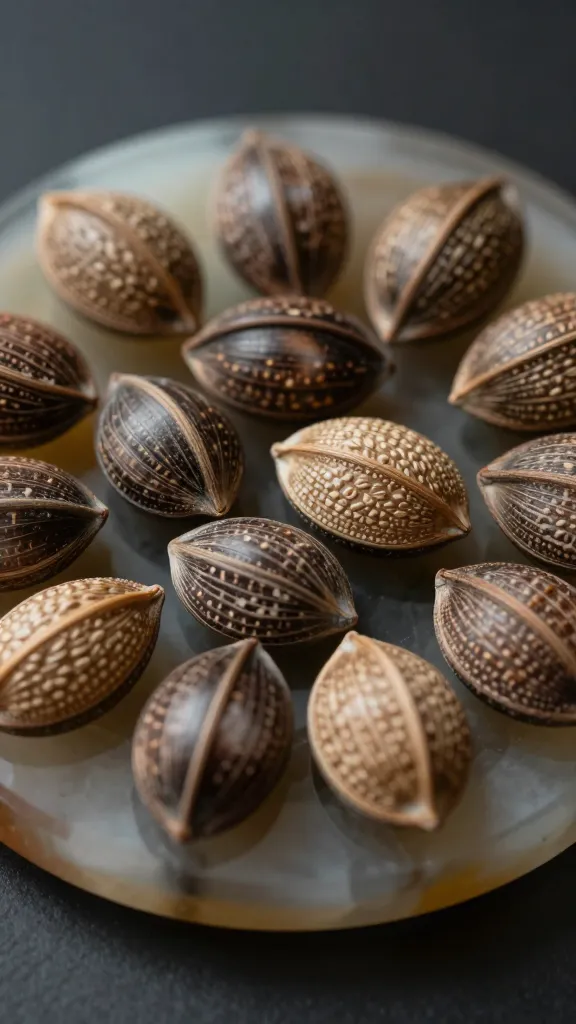 Focused image of a glossy resin coaster displaying embedded seed pods