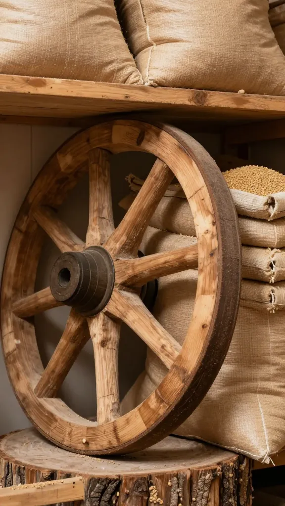 Closeup of granary wooden wheel and grain sacks on stump shelf