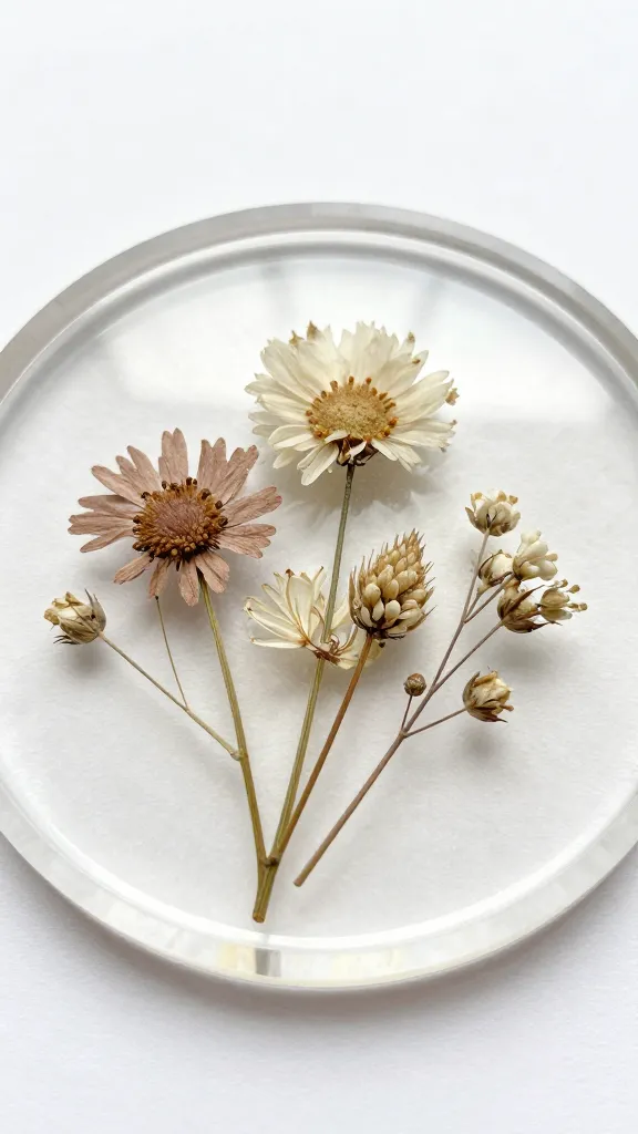 closeup resin coaster with embedded dried flowers