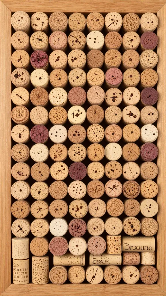 Closeup of a corkboard made from wine corks in a wooden frame