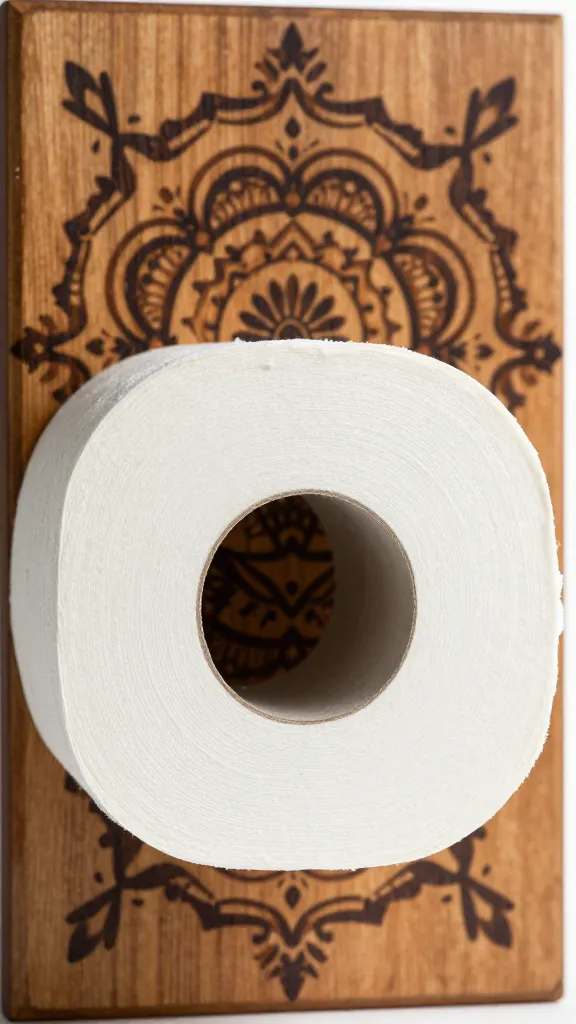 Closeup of a single toilet paper roll cut into a ring, painted mandala on wood plaque