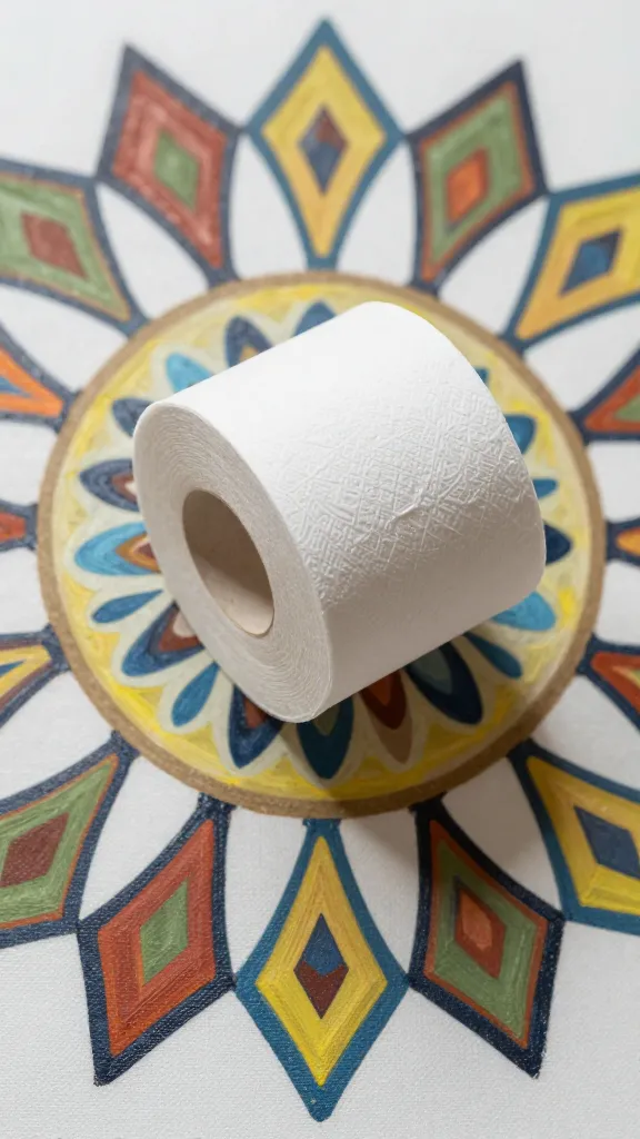 Focused shot of one painted toilet paper roll ring in radial mandala layout on canvas