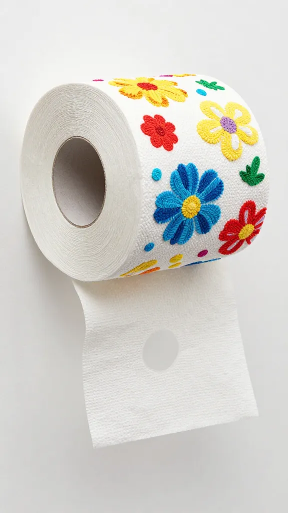Closeup portrait-style shot of a single colorful toilet paper roll art piece against plain background