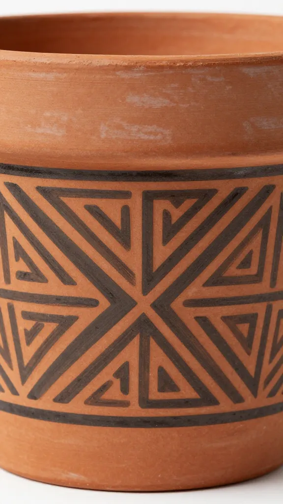 Closeup of a painted terracotta plant pot with intricate geometric design