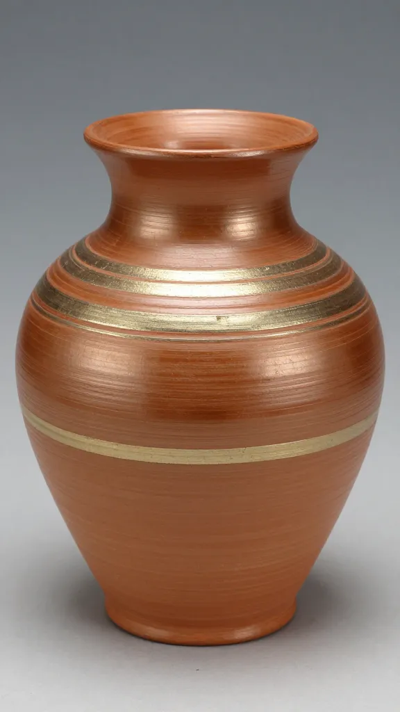 Closeup of a single decorated clay pot with metallic paint accents