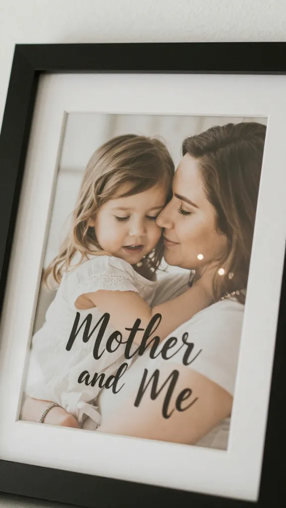Closeup of a framed “Mother and Me” photo with soft natural light, shallow depth of field on the glass glare