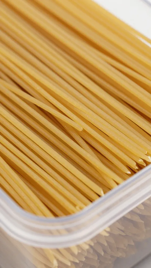 closeup of dried spaghetti texture inside a clear plastic bin