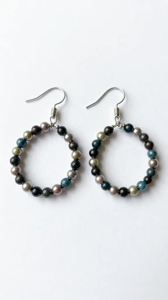 Closeup of beaded hoop earrings on a plain white backdrop