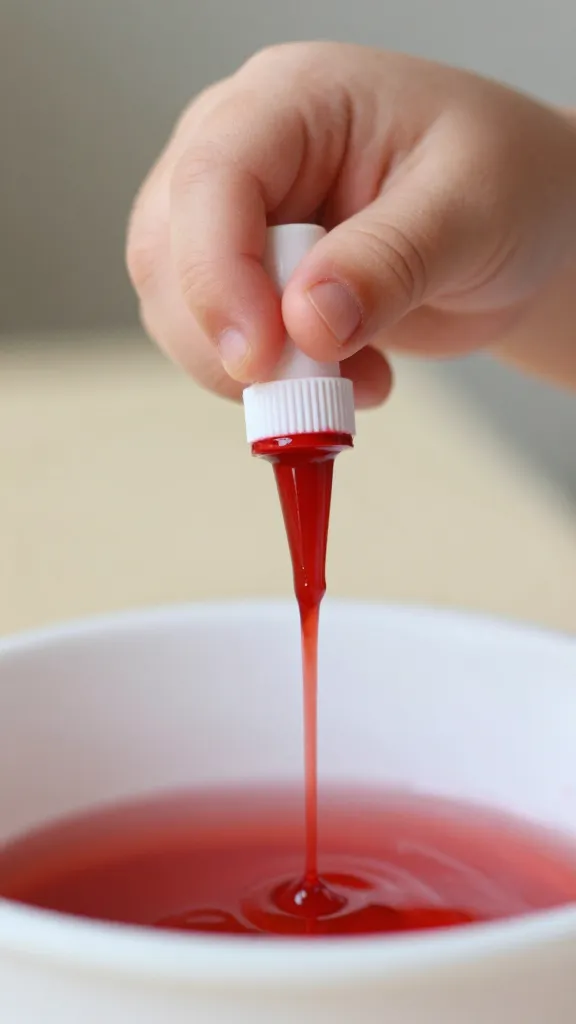 closeup of a 3-year-old's hand droppers dripping red paint into water