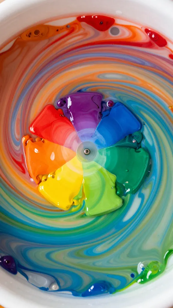 closeup of colorful paint swirls forming a small color wheel in water