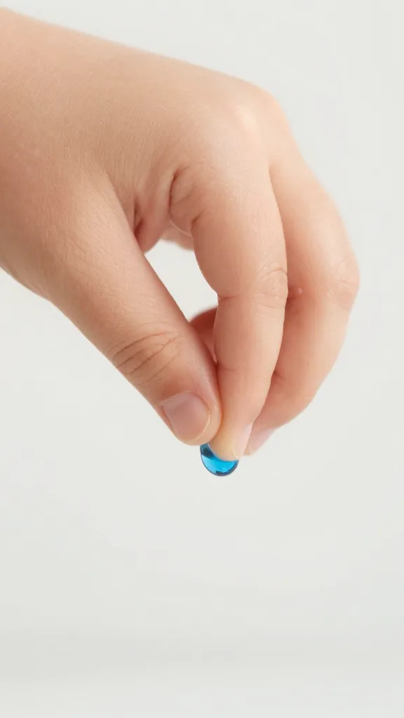 closeup of a 3-year-old’s finger tips squeezing a blue droplet