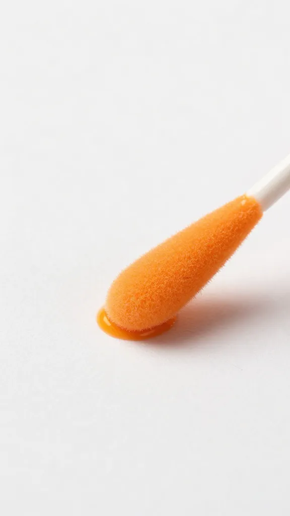 closeup of a single sponge dabber leaving orange blot on paper