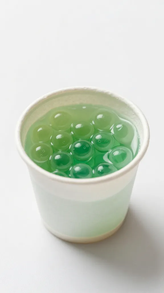 closeup of a tiny paper cup filled with green water beads