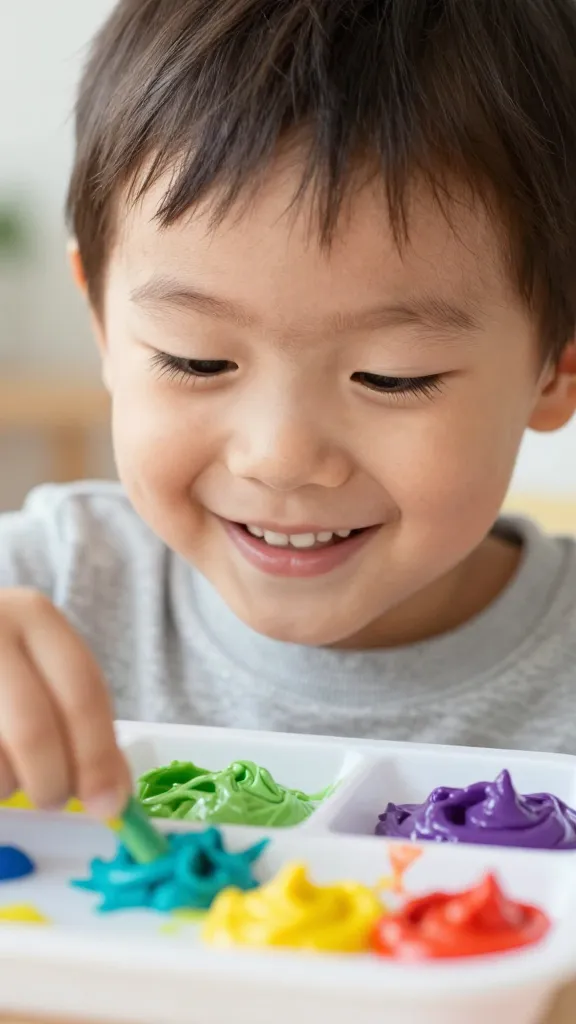 closeup of a 3-year-old’s smiling face watching color mix in tray