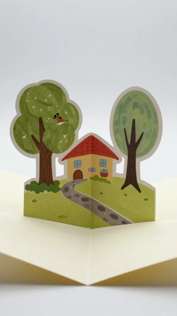 closeup of a paper pop-up card with a folded scene ready to pop