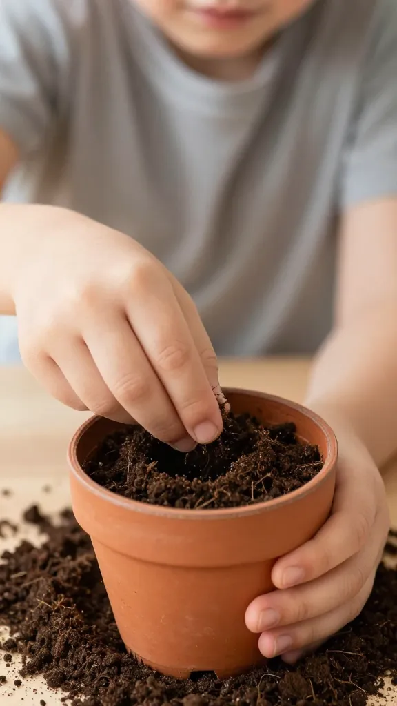 closeup of a child planting indoors with small pot and soil