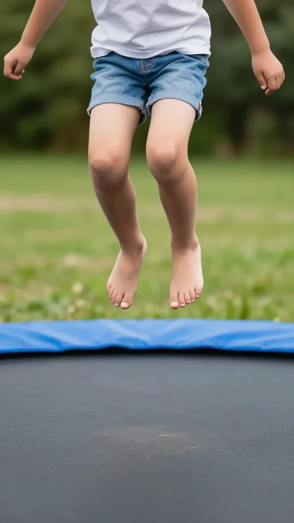 closeup of a child jumping on a trampoline outdoors with grass background