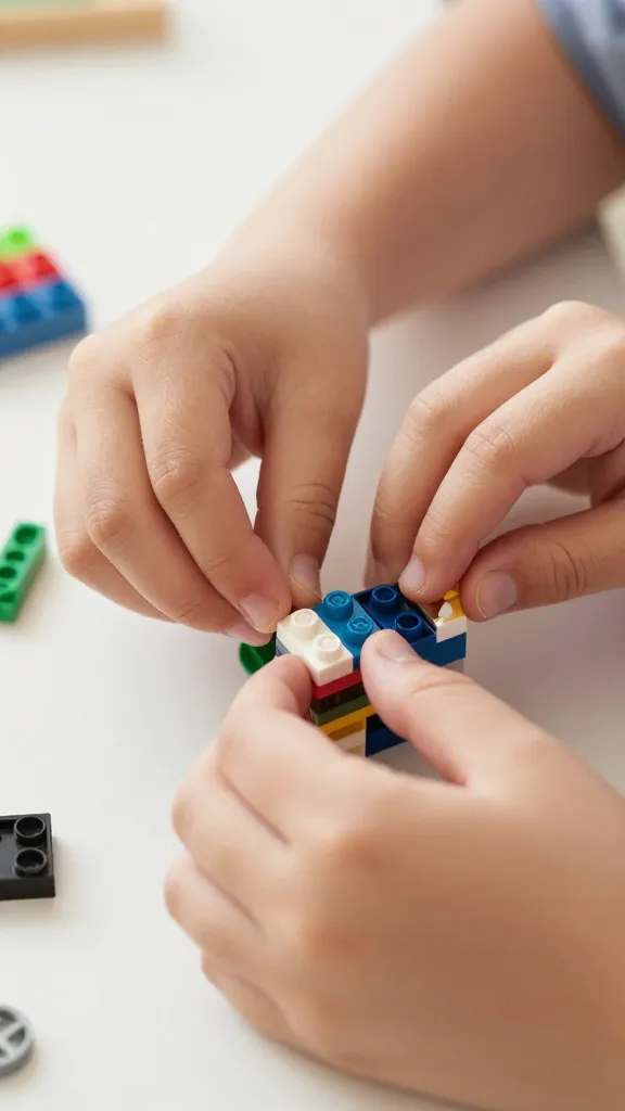 closeup of a child’s hands assembling a toy from a kit, focused on pieces