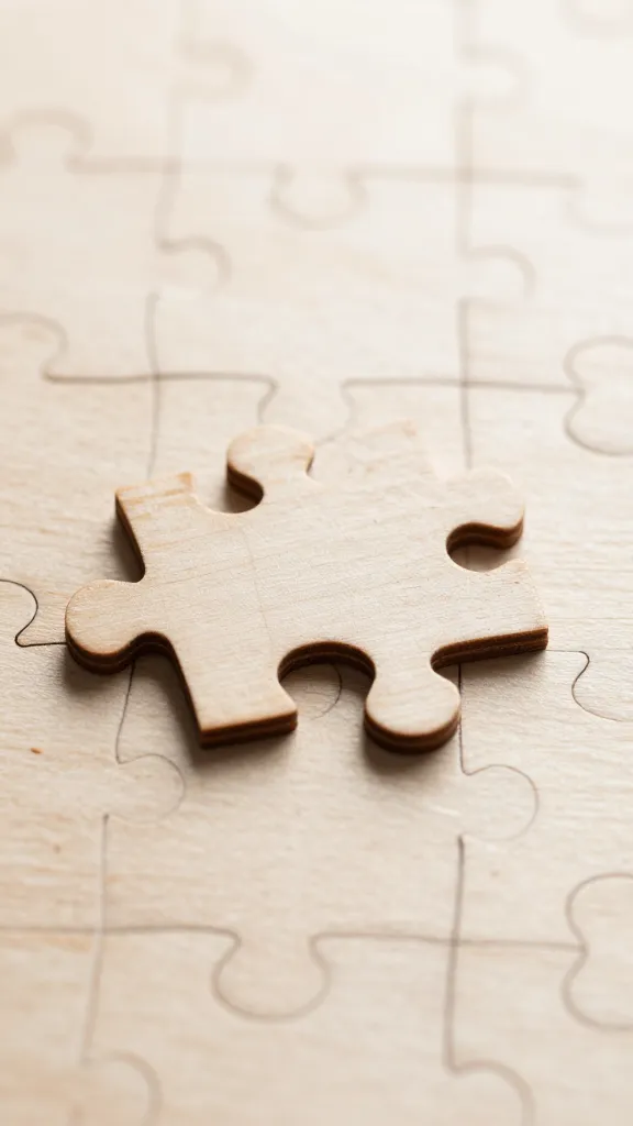 Focused shot of a wooden puzzle piece being placed into a nearly completed puzzle