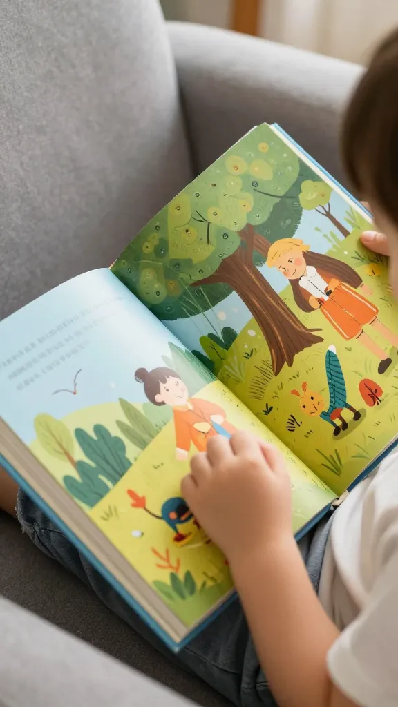 Closeup of a child reading a hardcover book with vivid illustrations on a cozy chair