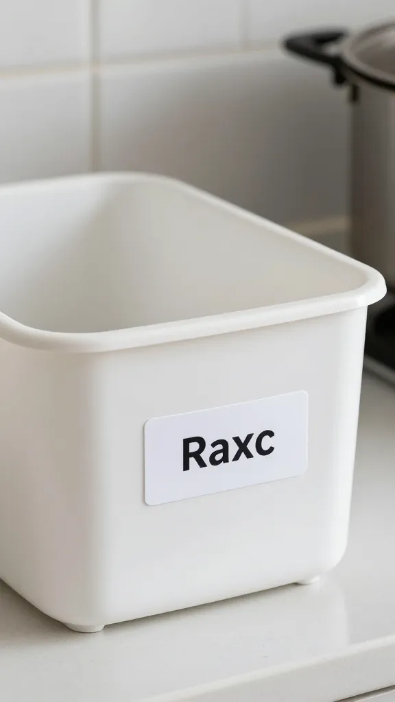 closeup of labeled materials bin on kitchen counter