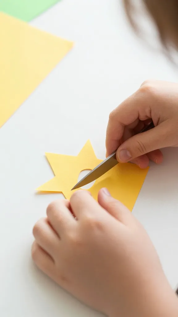 closeup of a child’s hands cutting paper shapes