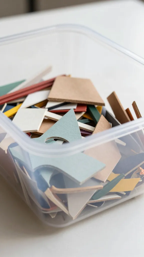 closeup of a clear bin with sorted craft leftovers on table