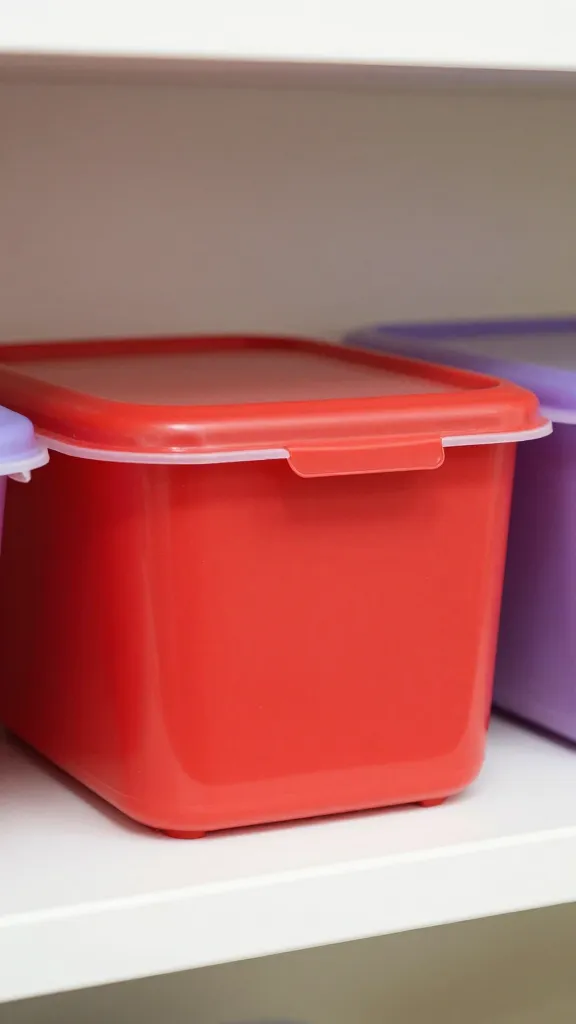 closeup of a red labeled kids’ activity bin with lid in a tidy shelf