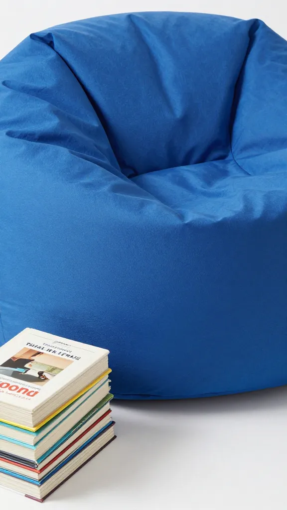 closeup of a blue reading corner beanbag next to picture book stack