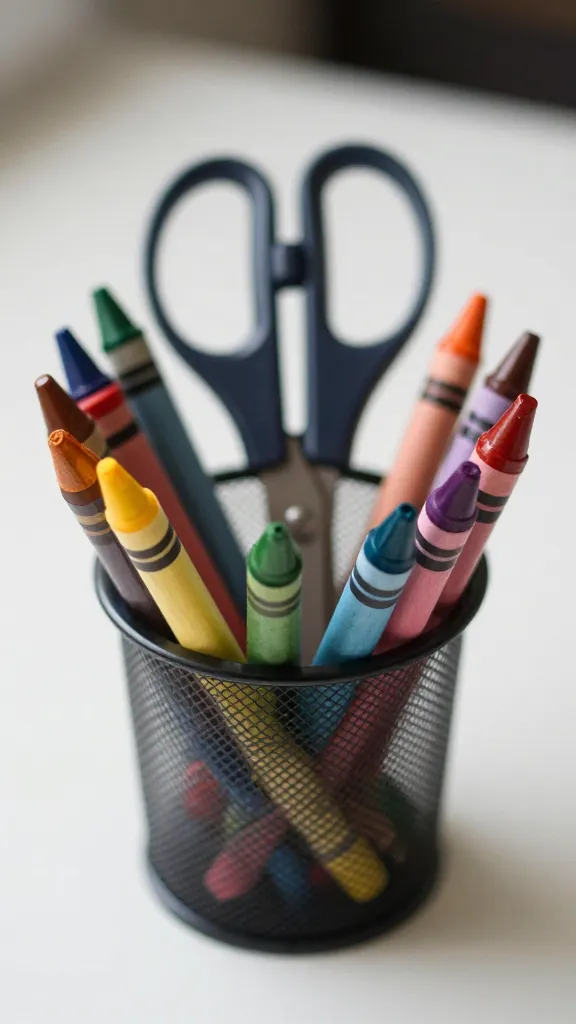 closeup of a craft table scissors and crayons organized in a single cup